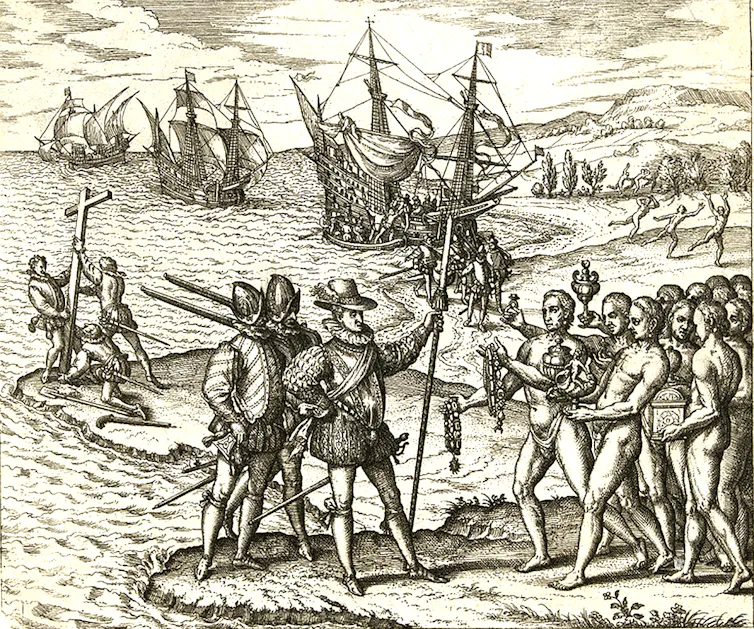 A black and white sketch shows men in armored hats standing on the shore as they talk with a group of unclothed men, while others raise a cross in the background.