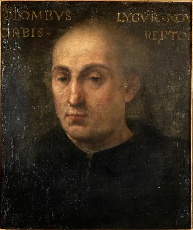 A dark painting of a balding man wearing black clothes.