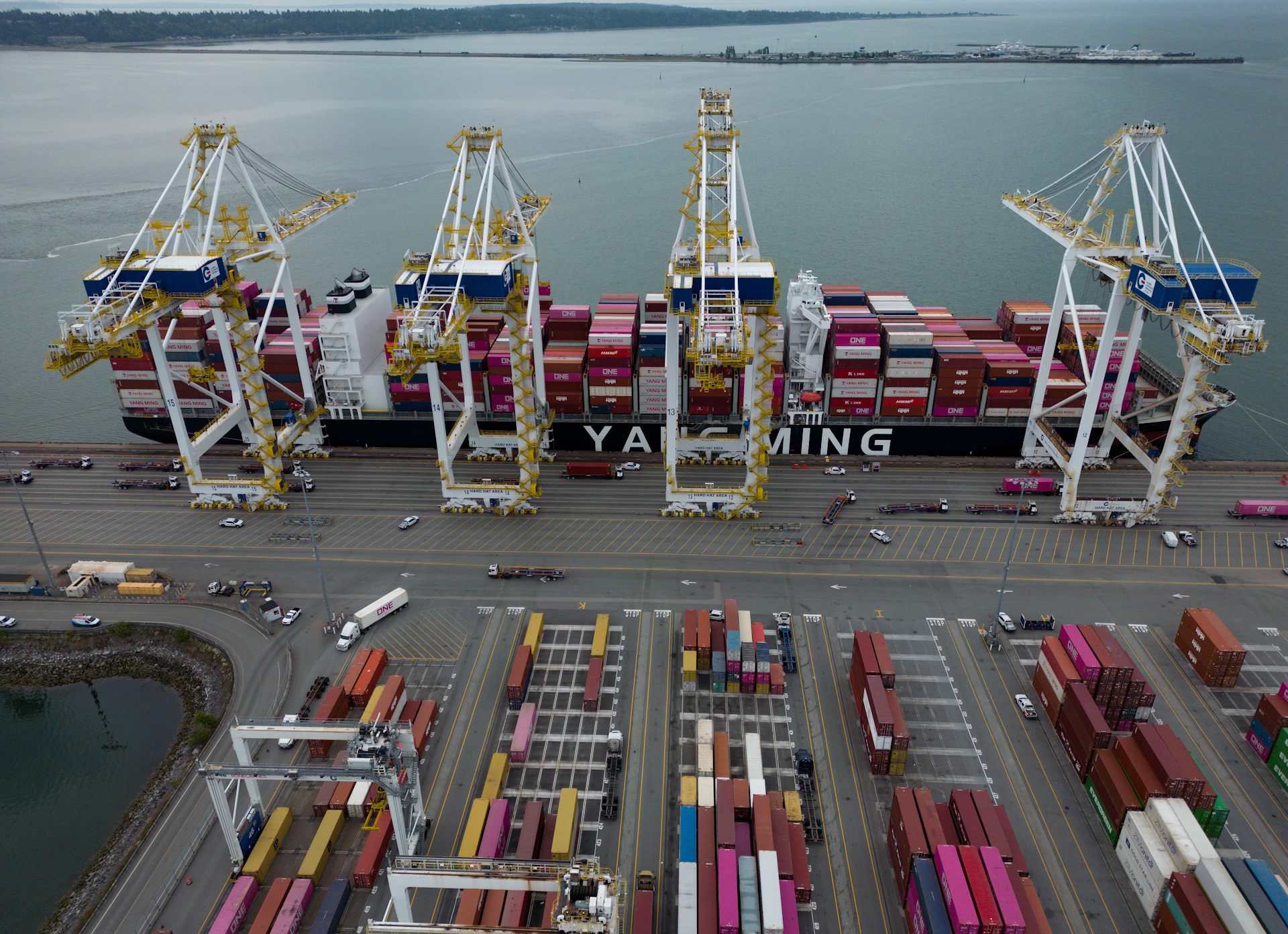 Cargo containers unloaded from a massive container ship