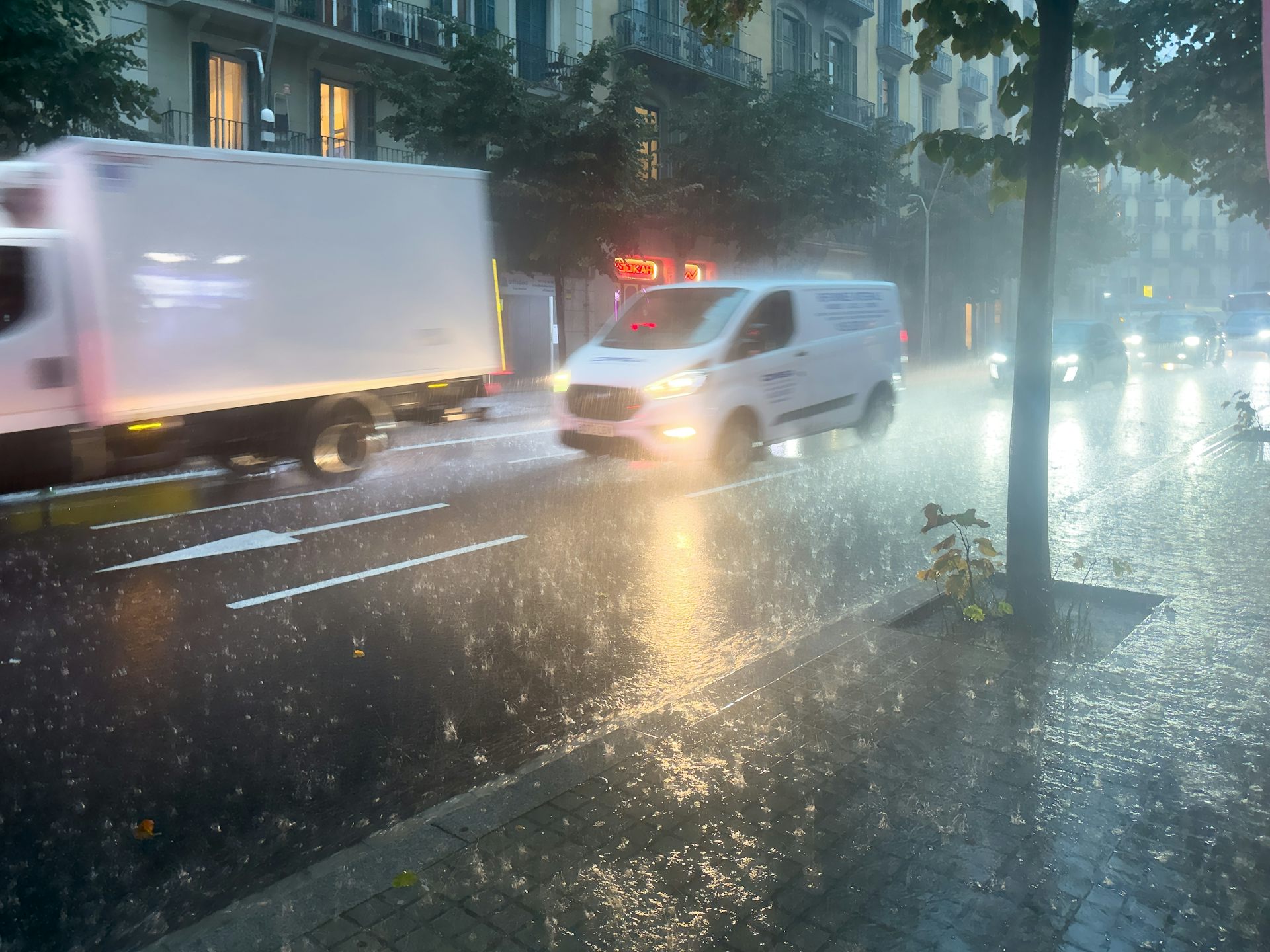 Vehicles circulen pel carrer sota una pluja intensa.