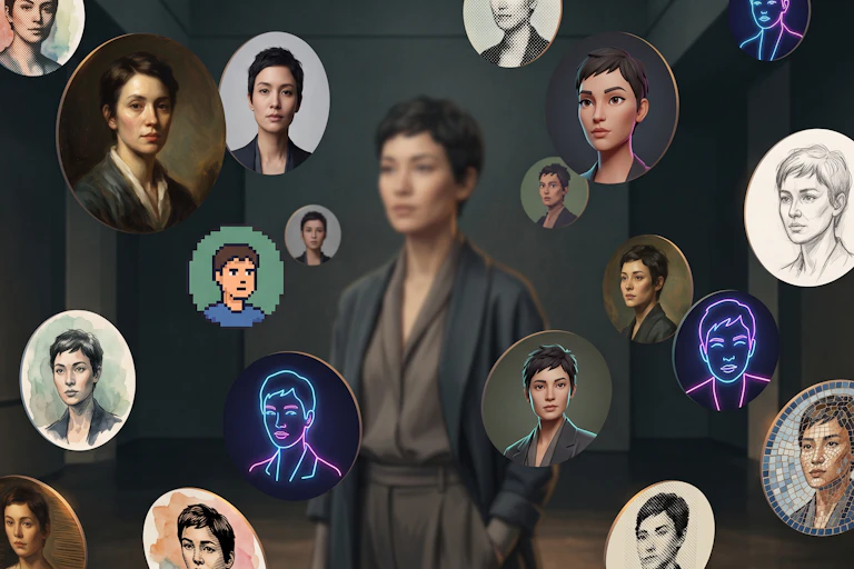 une personne se fond parmi ses avatars multiples