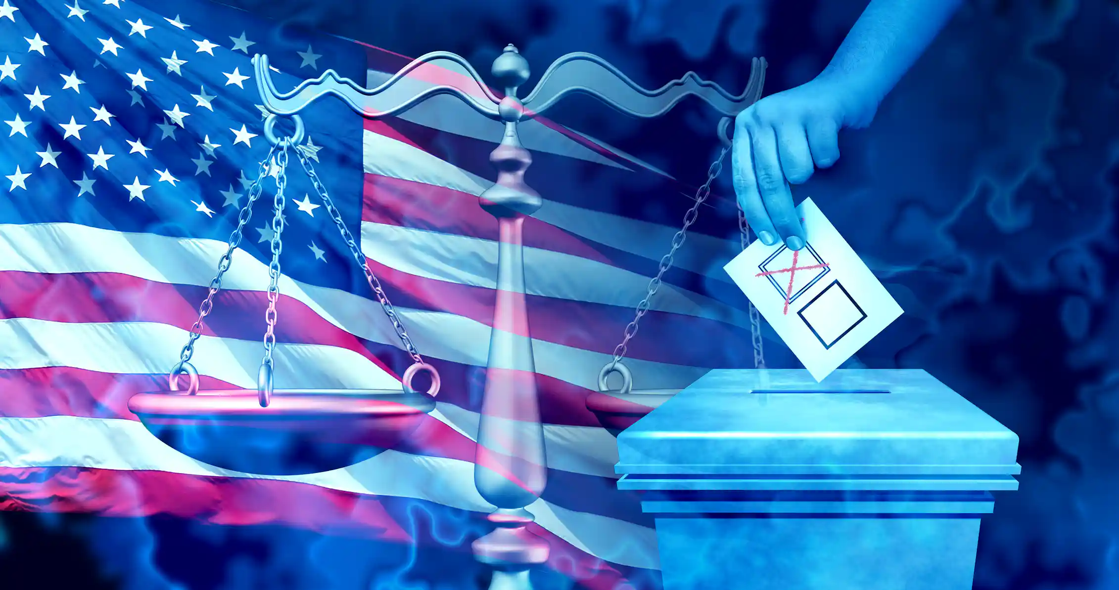 An illustration depicts an American flag, a voter casting a ballot and the scales of justice.