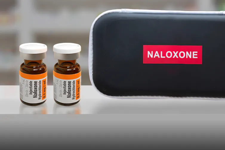A Naloxone kit with a couple of vials at pharmacy.