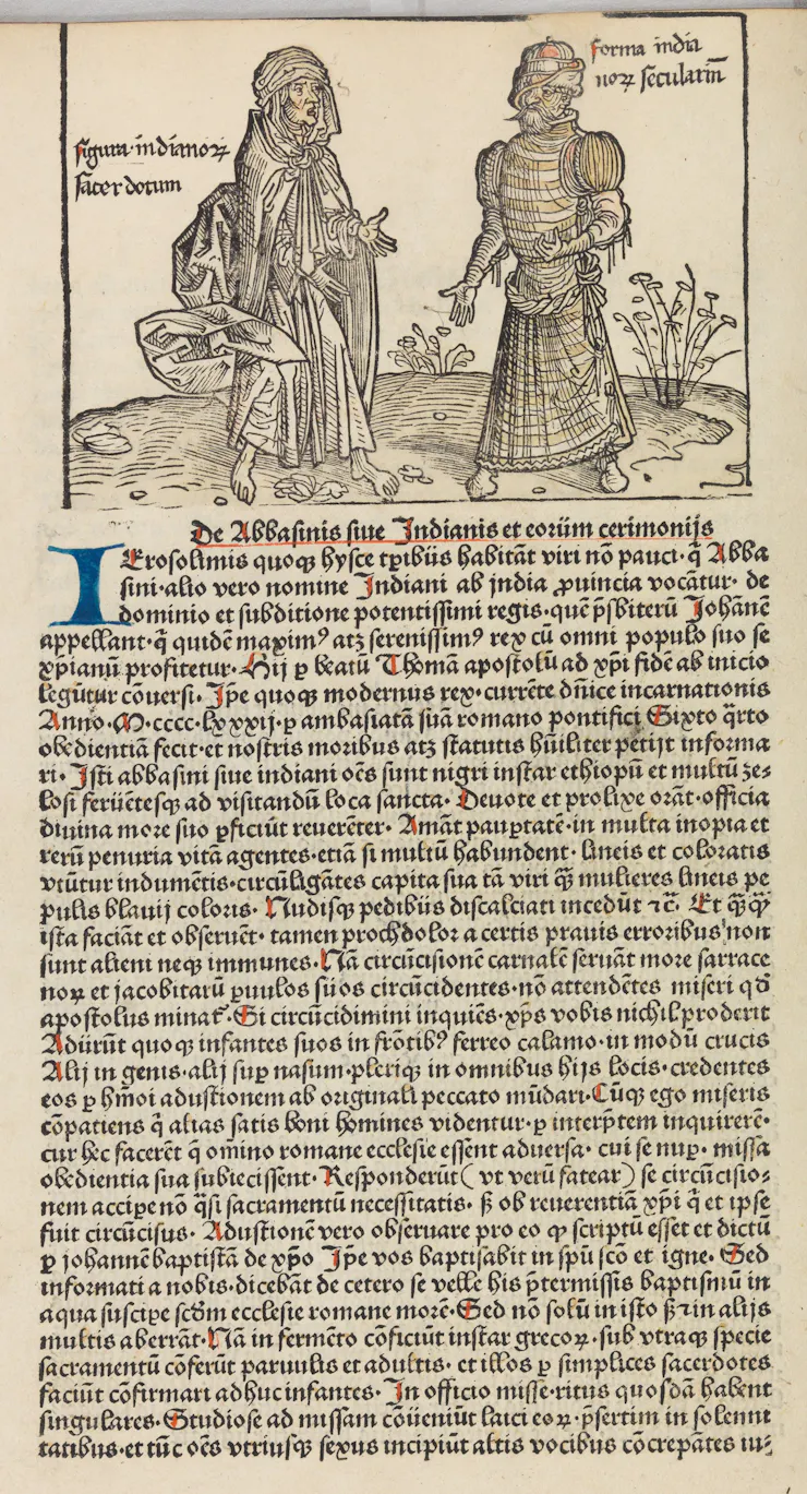 A sketch with two figures in conversation and text in Latin beneath them.