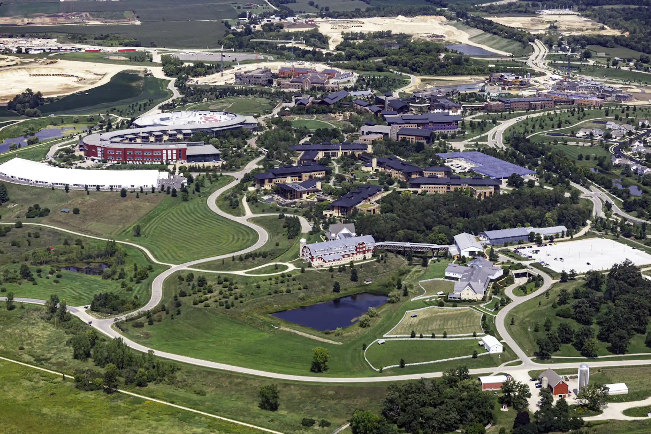 An aerial view of a set of buildings.