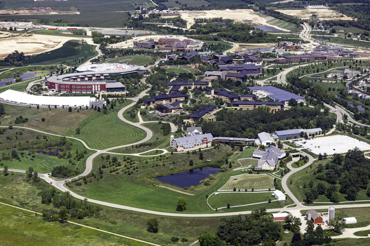An aerial view of a set of buildings.