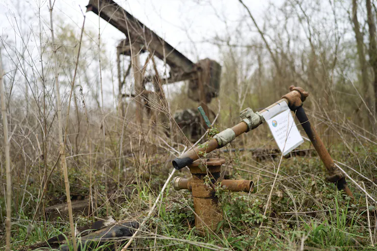 A rusting old piece of equipment sits in an area with low brush and a pipe sticking up out of the ground.