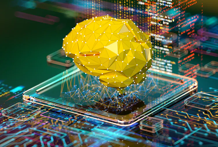 Yellow brain graphic floats above a tablet with various circuits in the background