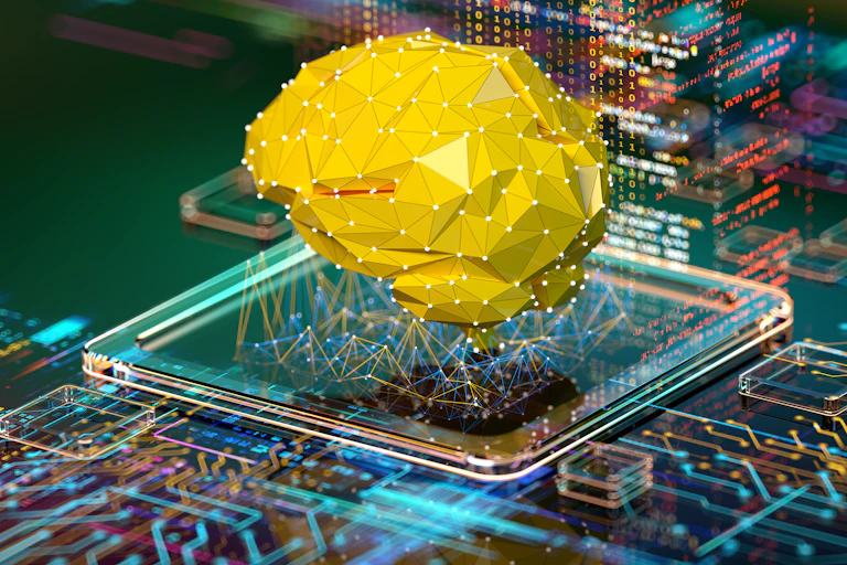 Yellow brain graphic floats above a tablet with various circuits in the background