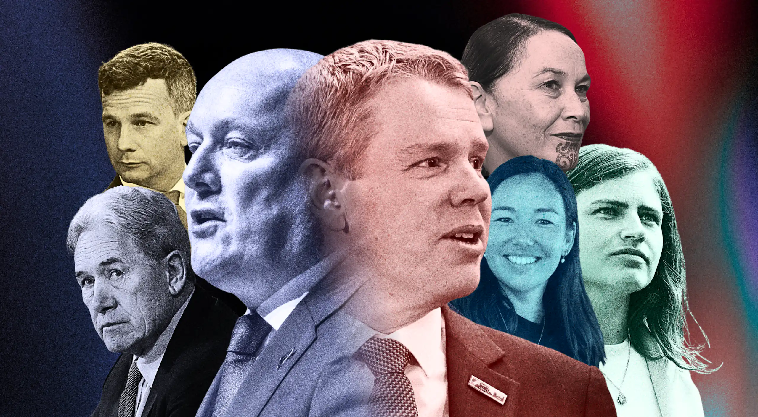 Politicians Michael Bradley, Chris Hipkins, Winston Peters and other New Zealand candidates on a dark red and blue background