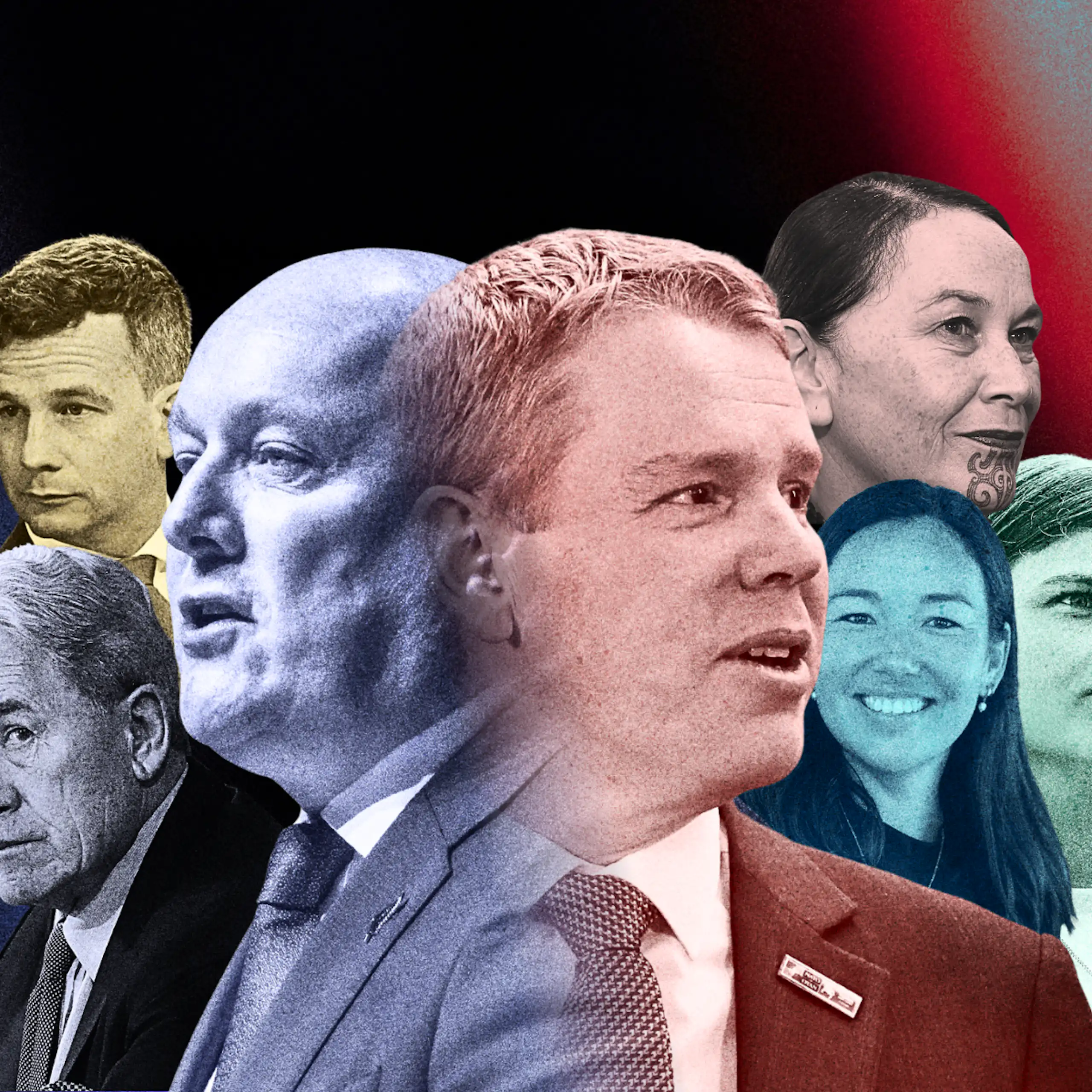 Politicians Michael Bradley, Chris Hipkins, Winston Peters and other New Zealand candidates on a dark red and blue background
