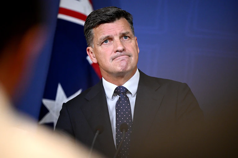 Angus Taylor grimaces in the middle of a press conference