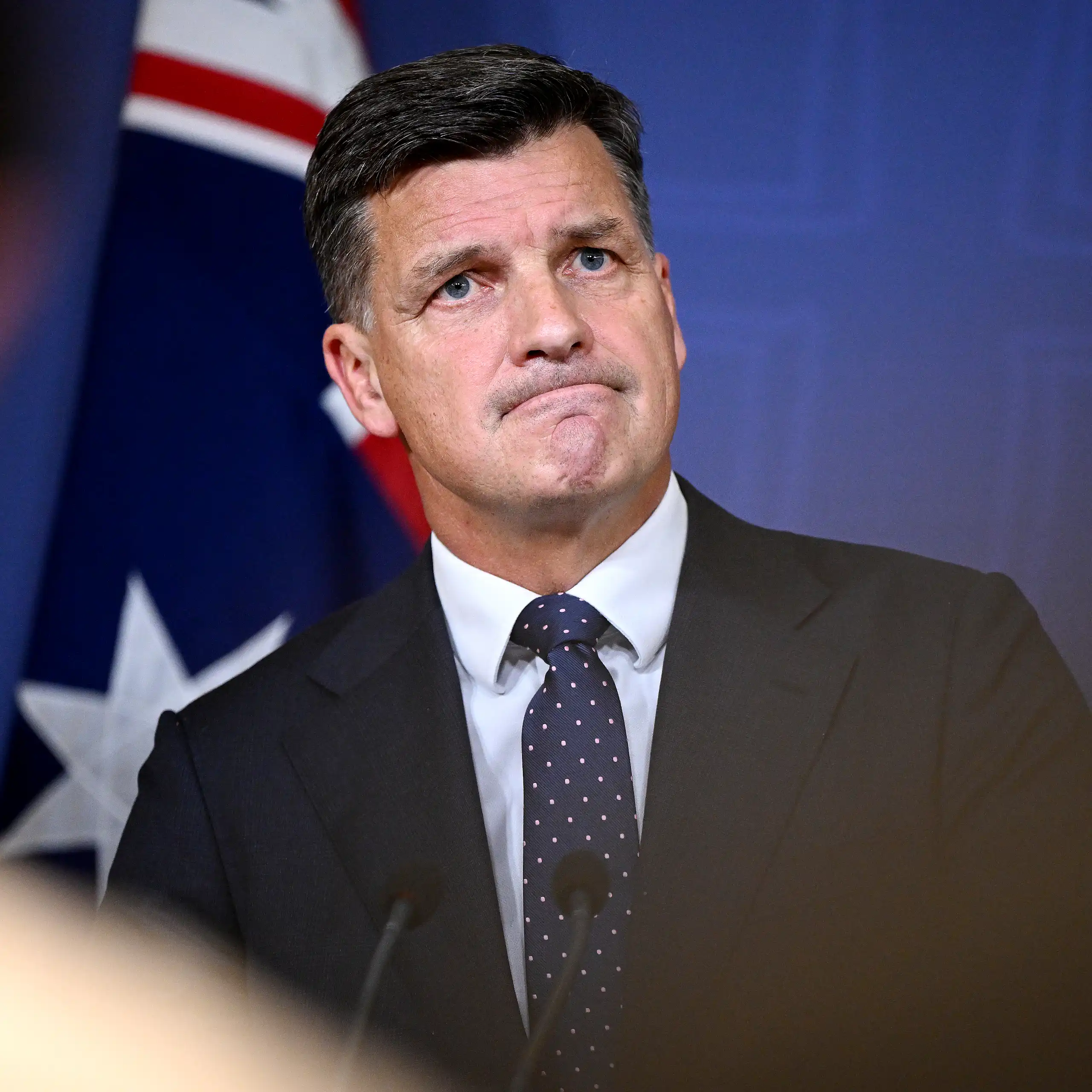 Angus Taylor grimaces in the middle of a press conference