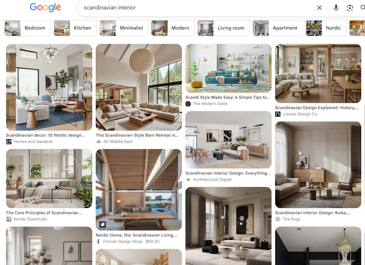 A Google images search result of 'Scandinavian interior' shows various photos of neutral-coloured living spaces.