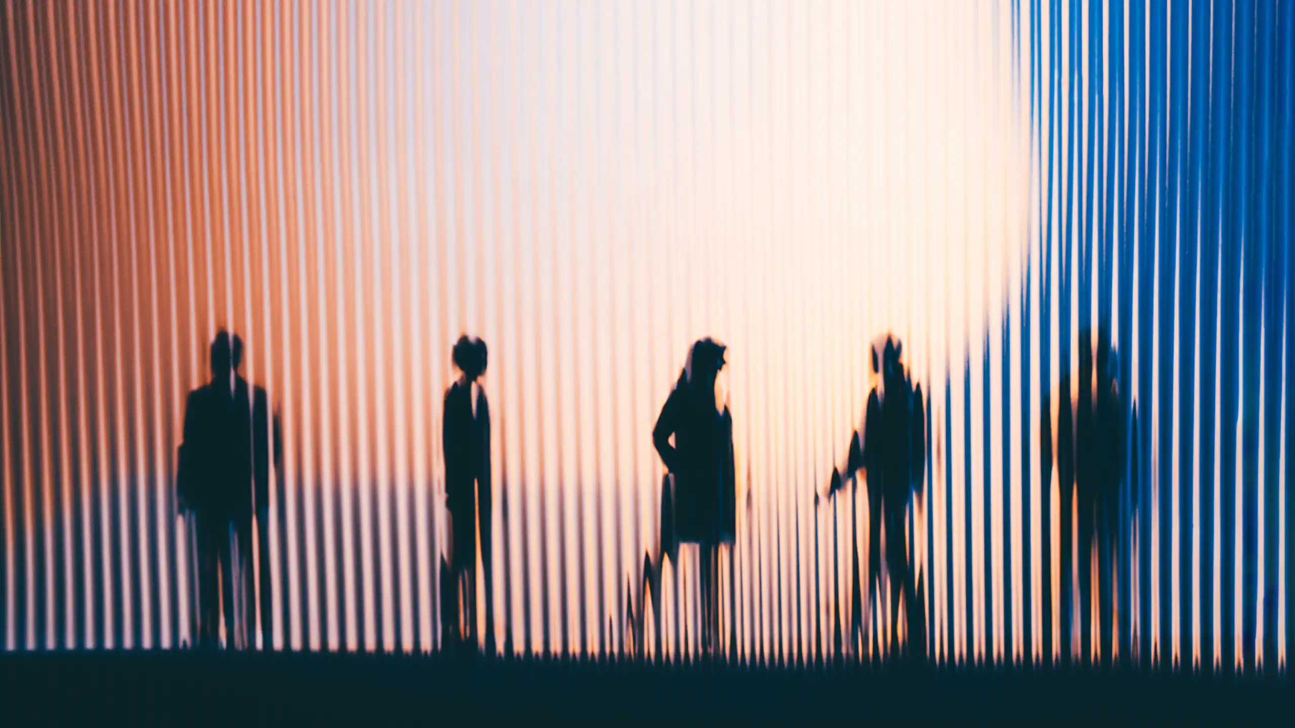 A sseries of silhouetted people behind fluted glass.