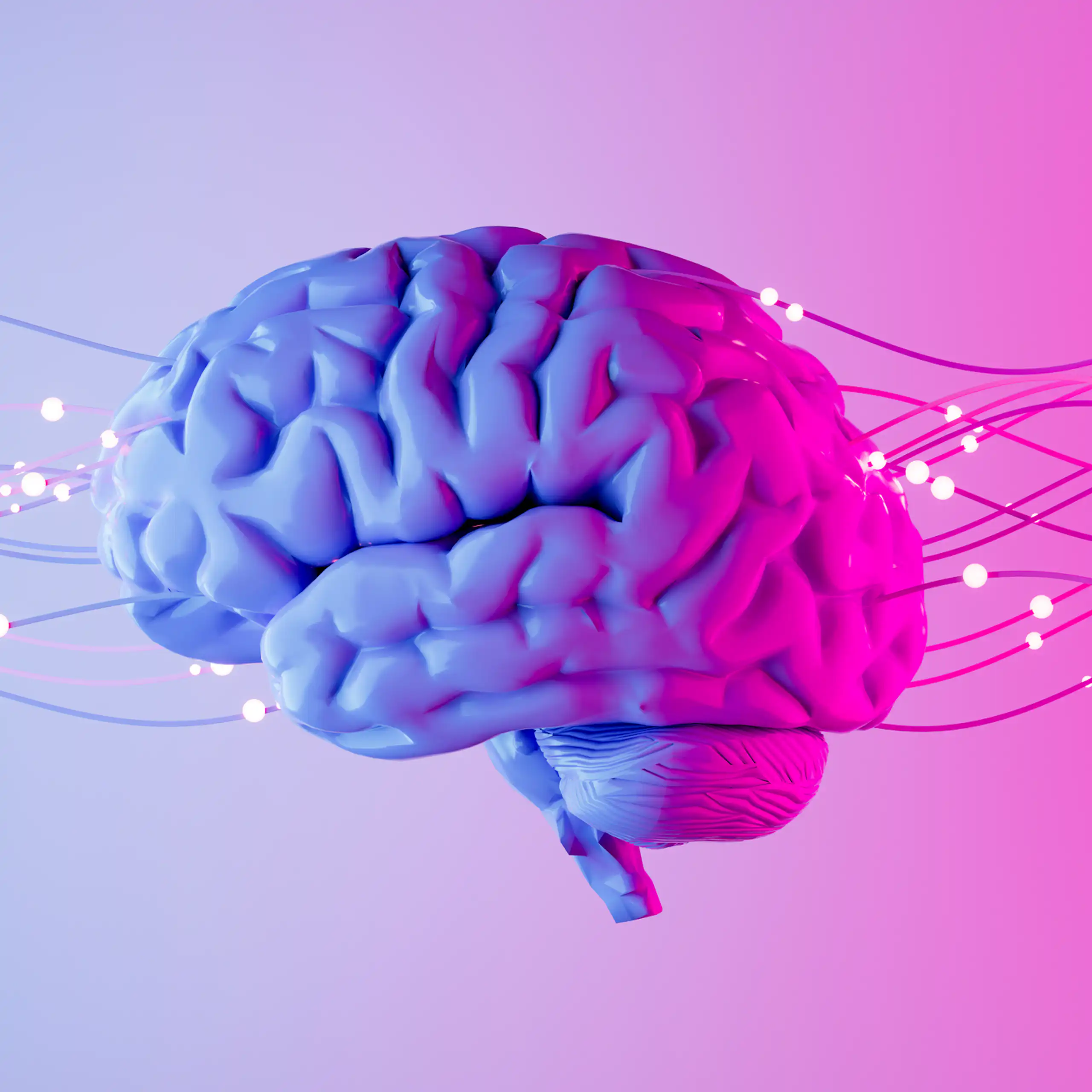 Illustration d’un cerveau traversé par plusieurs faisceaux de lumière.