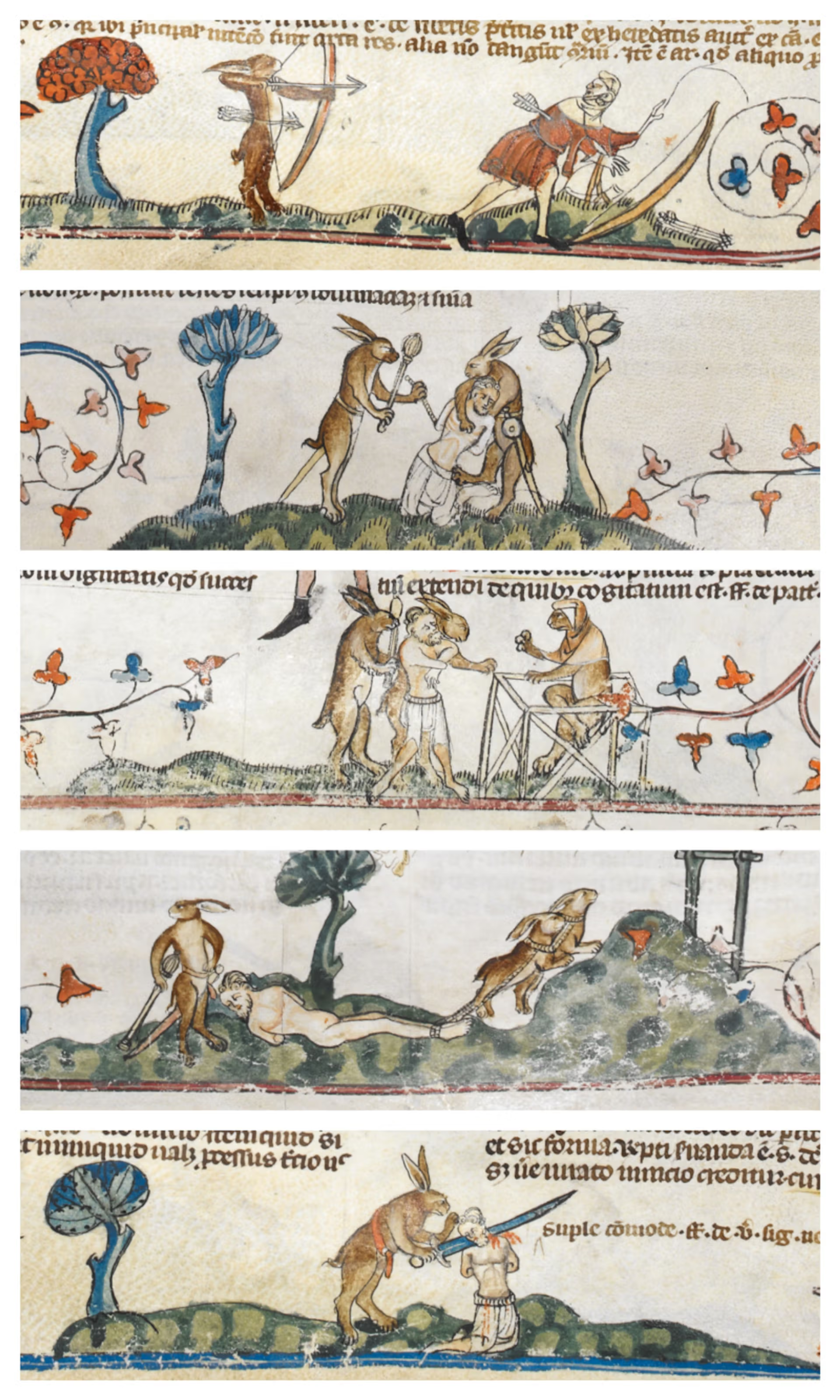 Rabbits capture, try and execute a hound in The Smithfield Decretals from the 1340s. British Library