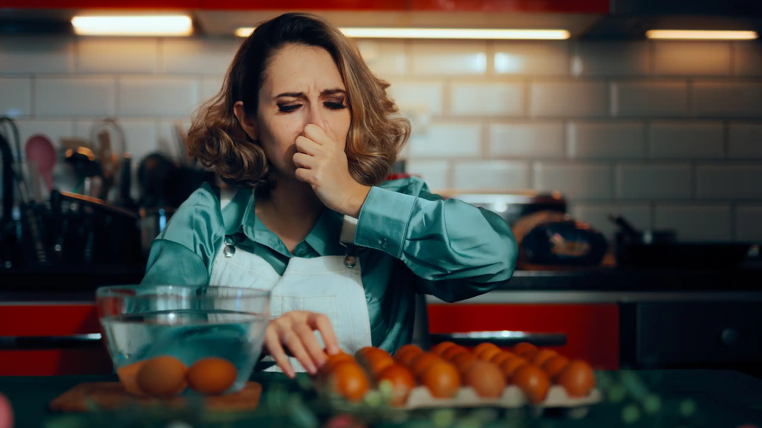 Une femme se pince le nez en cuisine rebutée par l'odeur d'œufs pourris.