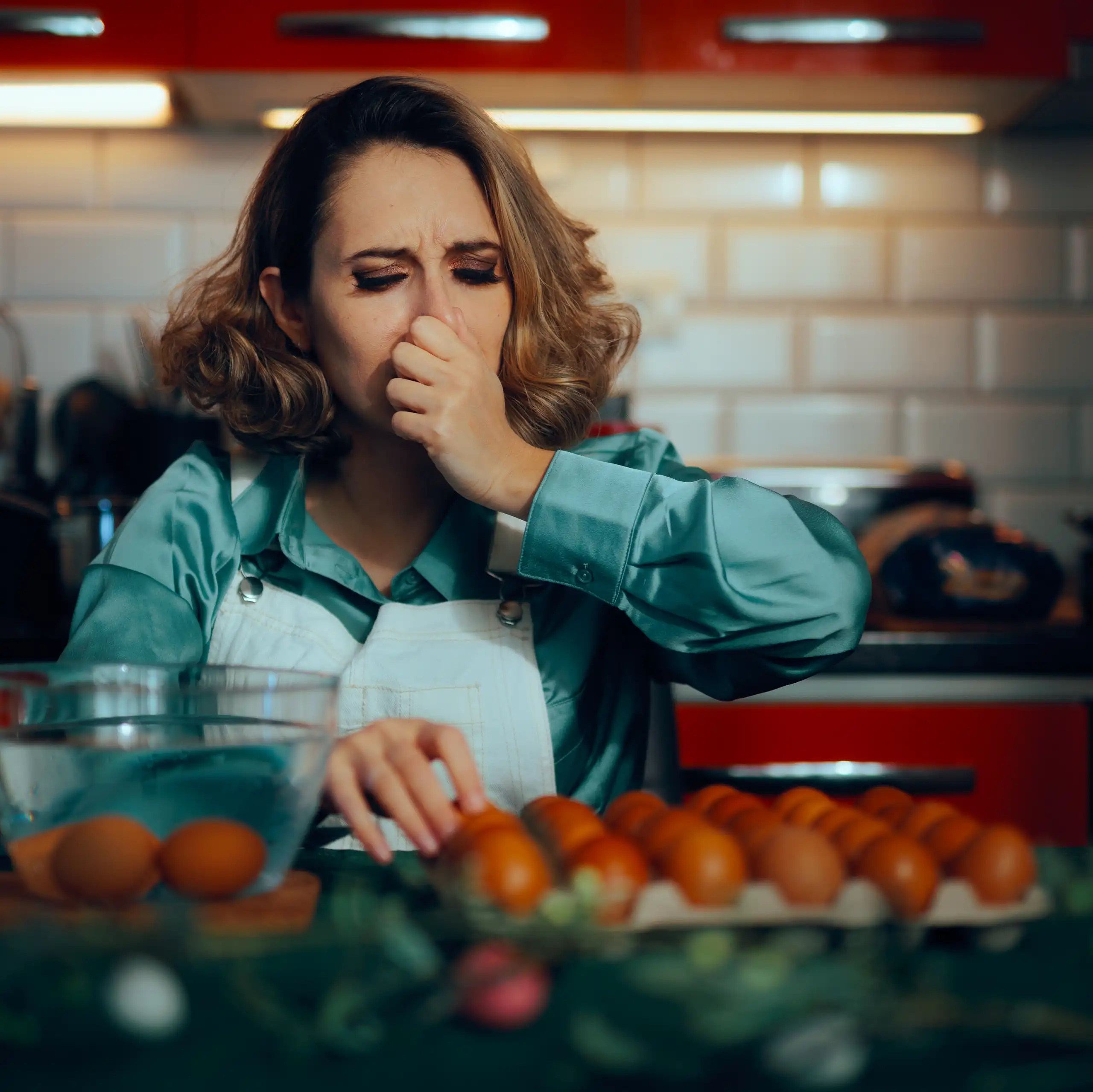 Une femme se pince le nez en cuisine rebutée par l'odeur d'œufs pourris.
