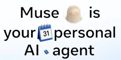 Image of text with the Meta muse mascot within the sentence, 'muse is your personal AI agent.' The mascot is a cherubic, nonhuman figure similar to a stuffed animal toy