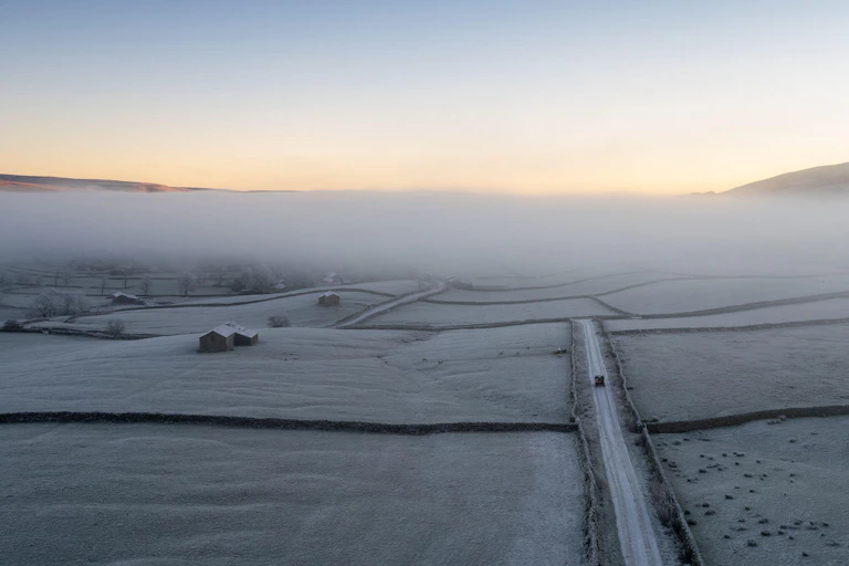 aerial shot of frosty landscape
