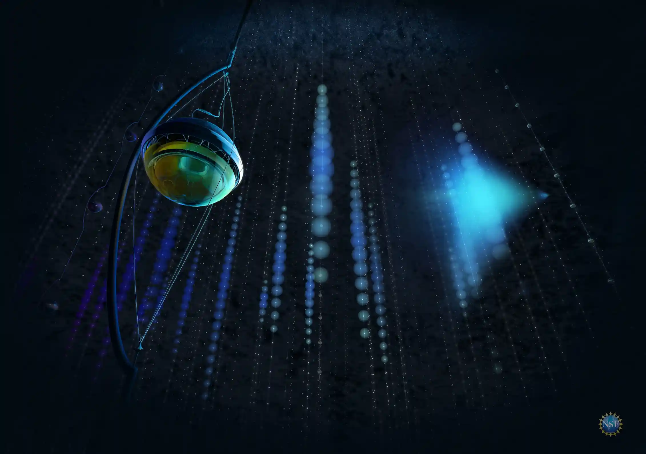 Blue dotted lines descend through a black background in an artist