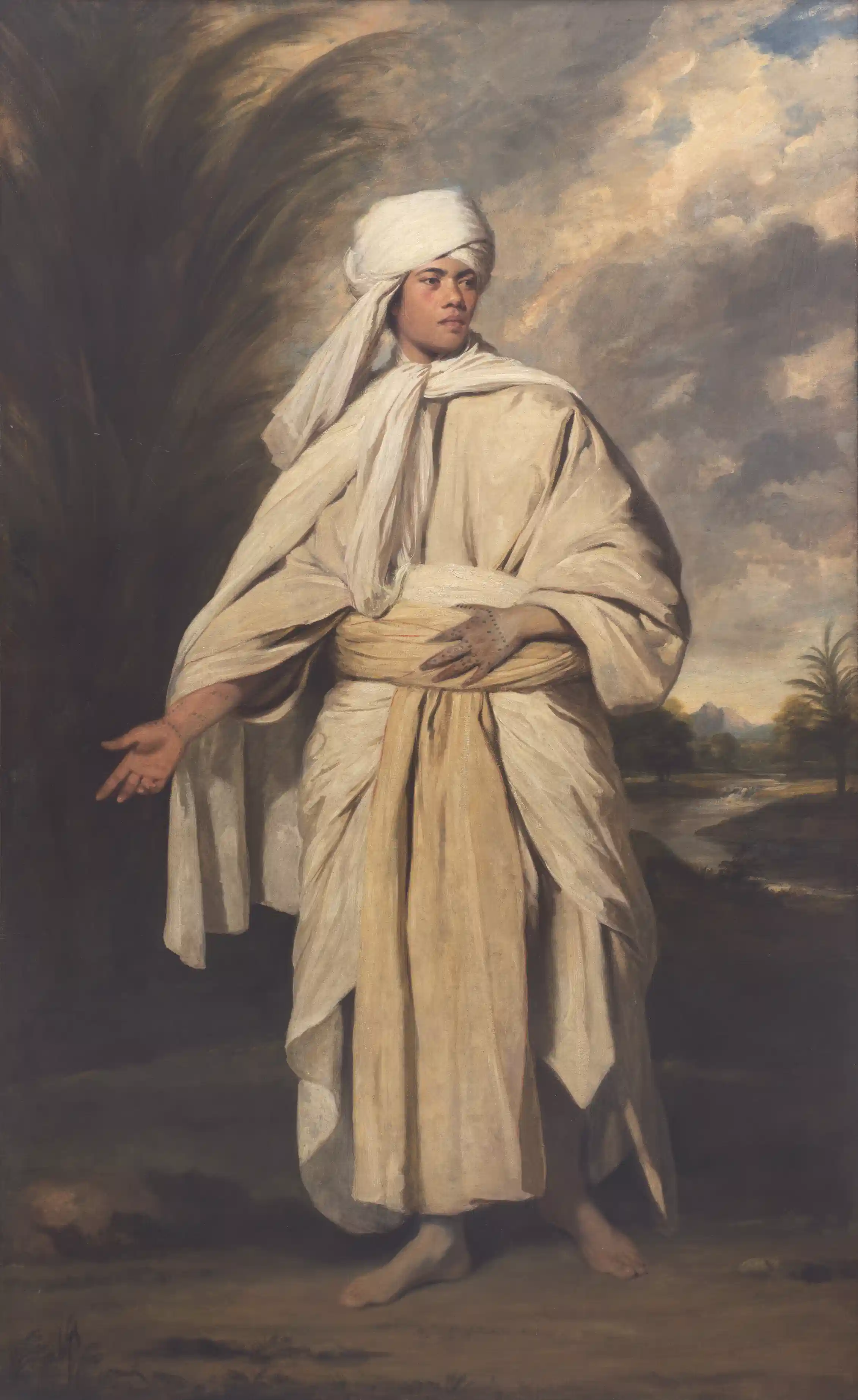 Oil painting of a barefoot Polynesian man standing heroically in flowing white robes.