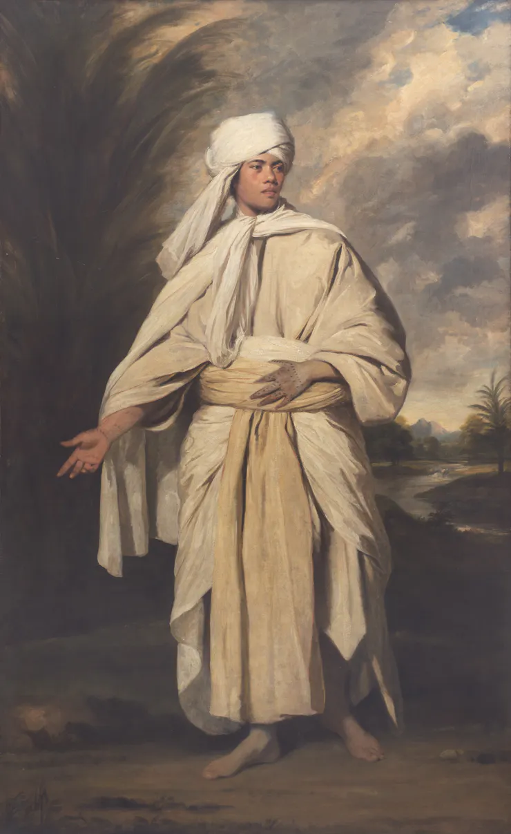 Oil painting of a barefoot Polynesian man standing heroically in flowing white robes.