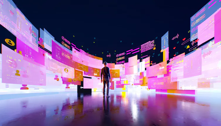 A graphic image shows a person, seen from behind, standing in front of a series of brightly lit, purple, blue and pink screens with words on them.