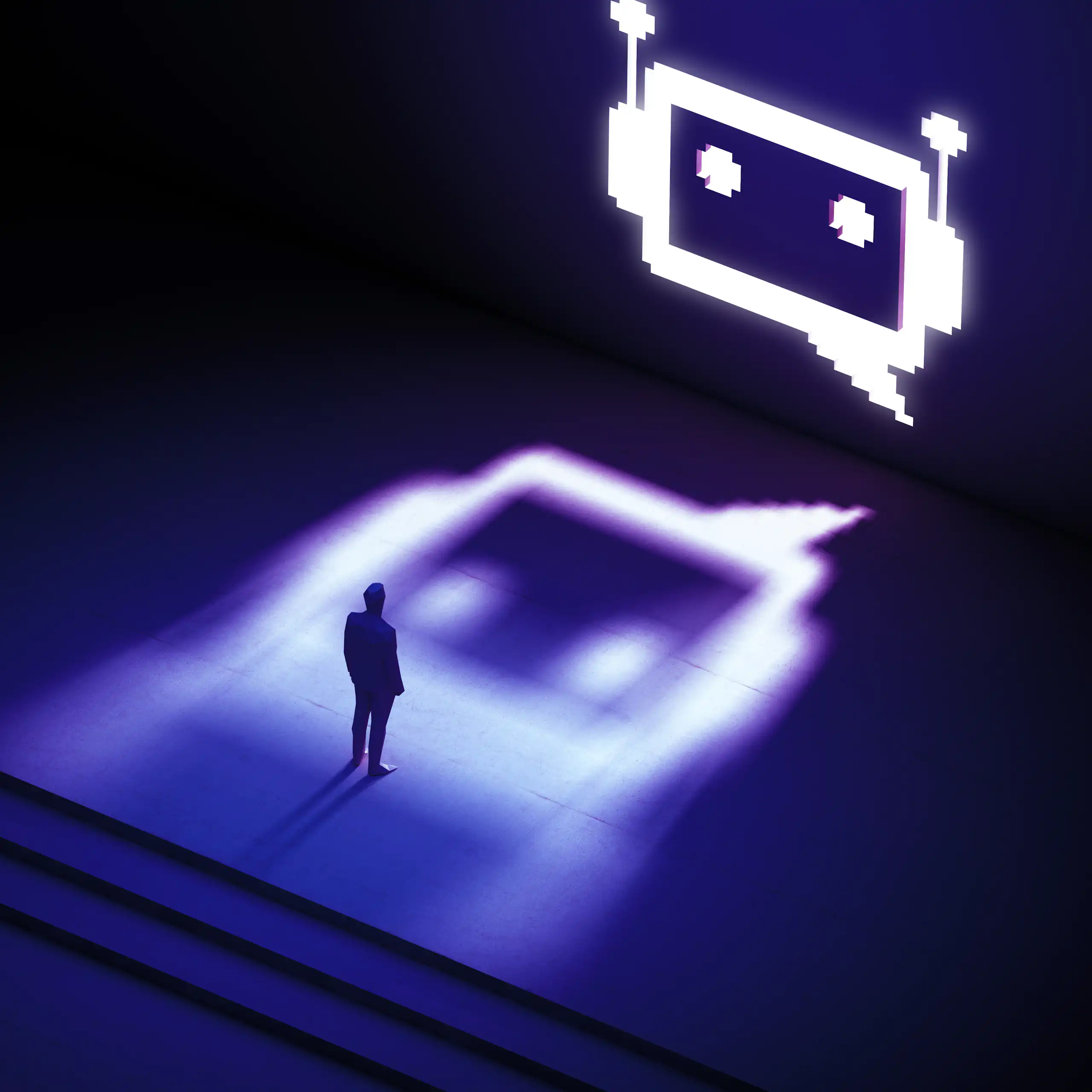An ominous digital robot face looming over a small silhouette of a person.