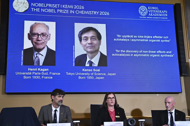 Members of the Nobel Committee for Chemistry announce the Nobel Prize in Chemistry 2026 recipients Kenso Soai and Henri B Kagan