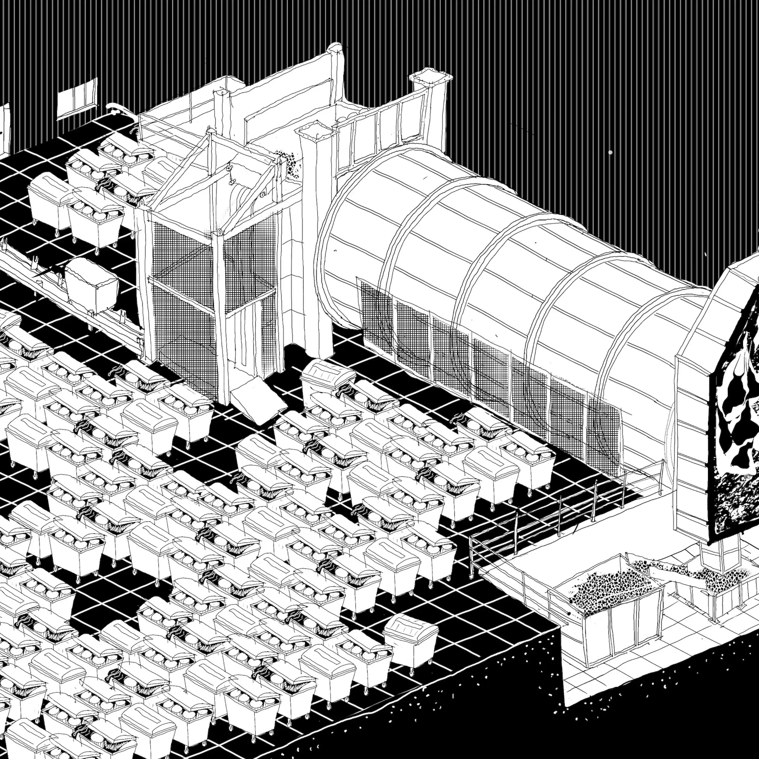 Drawing of the inside of an industrial incinerator.