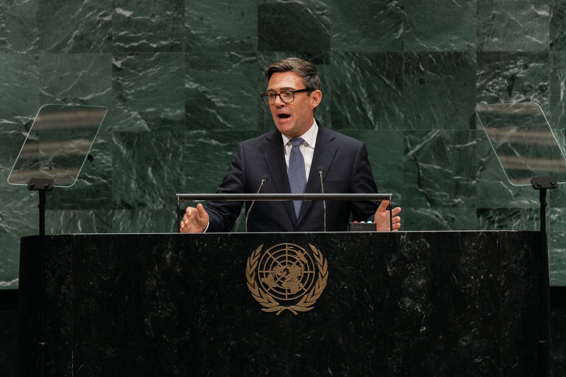 Andy Burnham delivering a speech to the UN General Assembly in New York.