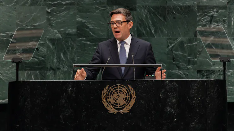 Andy Burnham delivering a speech to the UN General Assembly in New York.
