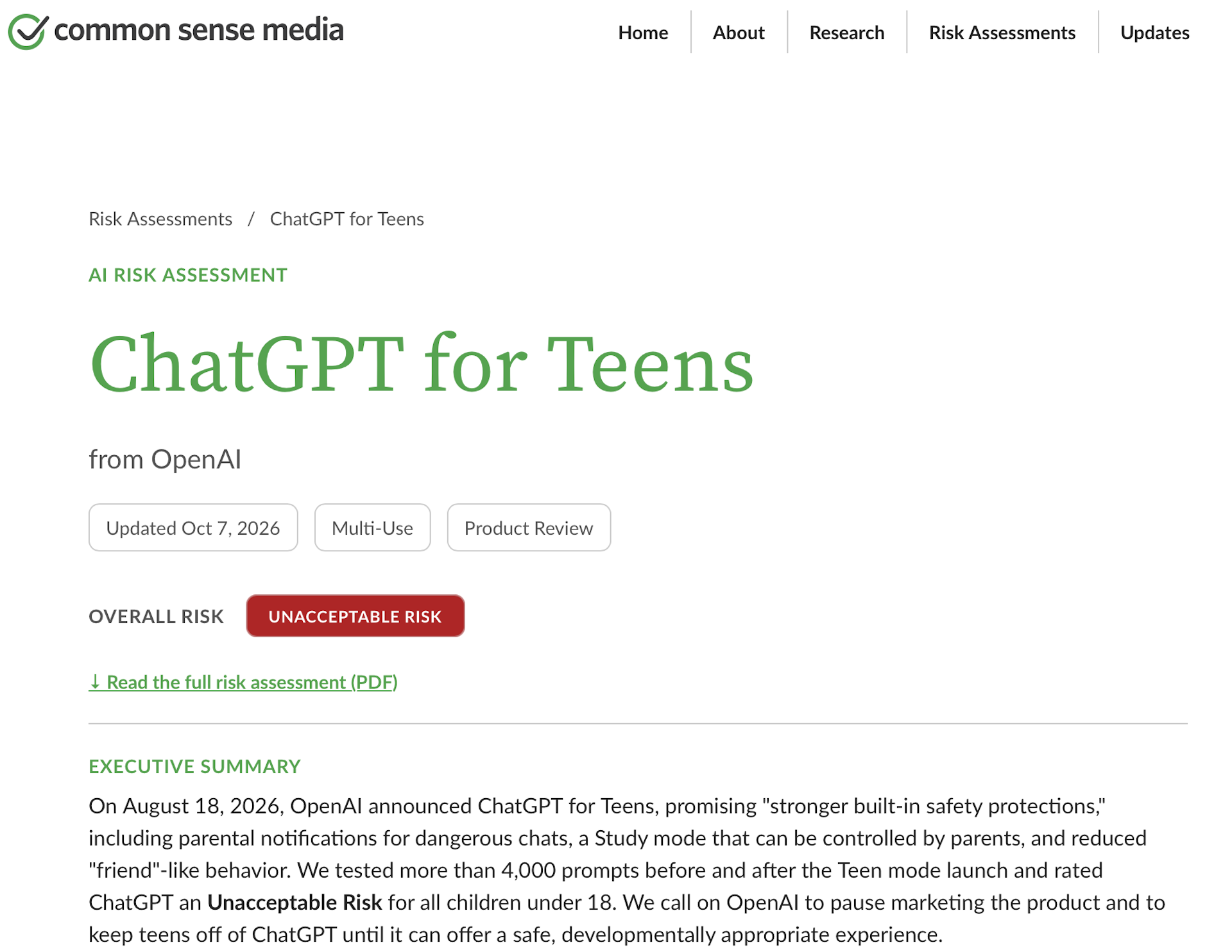 A screenshot of common sense media's evaluation of ChatGPT for teens showing it as an unacceptable risk.
