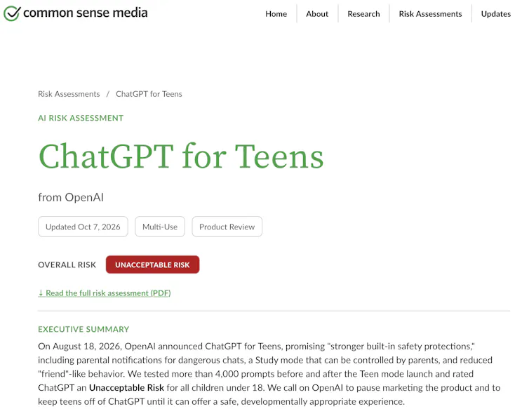 A screenshot of common sense media's evaluation of ChatGPT for teens showing it as an unacceptable risk.