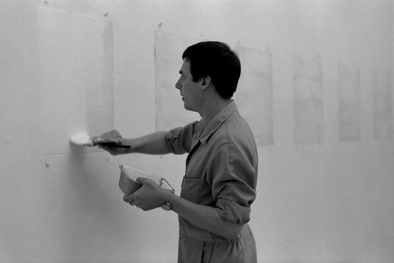 Robert Ryman painting at the Palais des Beaux Arts Brussels.