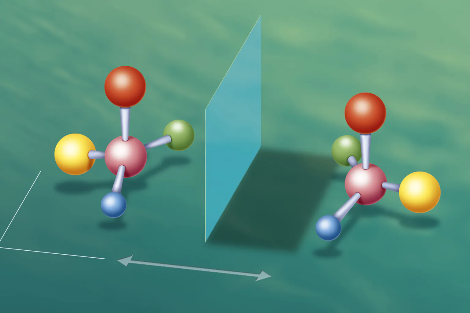 A diagram showing two molecules, made of of the same four atoms, but in mirrored forms so that one is 'left-handed' and one is 'right-handed'