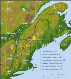 A map showing the location of mountain ranges