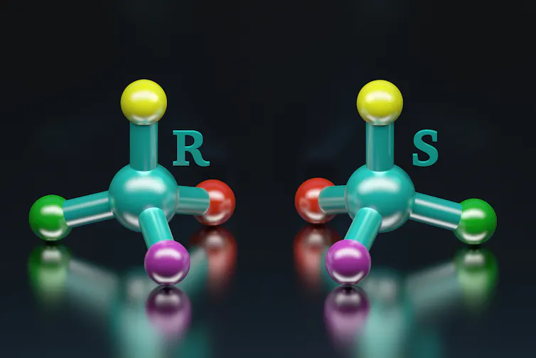 A diagram showing two molecules, made of of the same four atoms, but in mirrored forms so that one is 'left-handed' and one is 'right-handed'