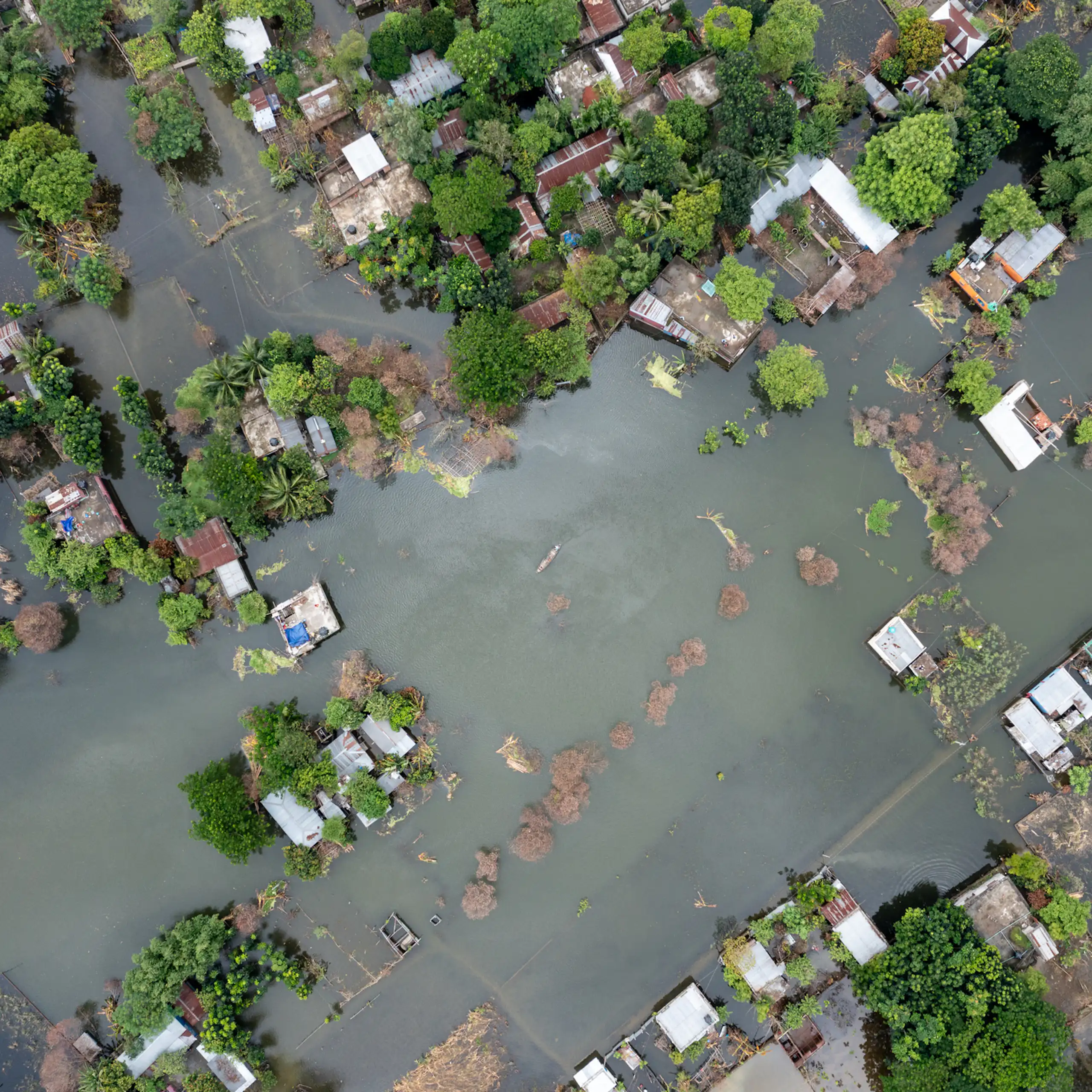aerial view of flooded village, water filling streets. tropical trees.