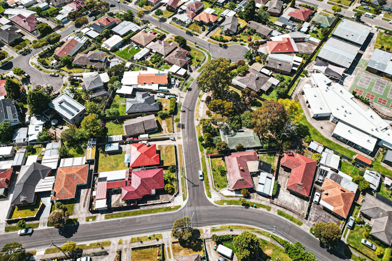An aerial photo of suburban Melbourne streets and homes