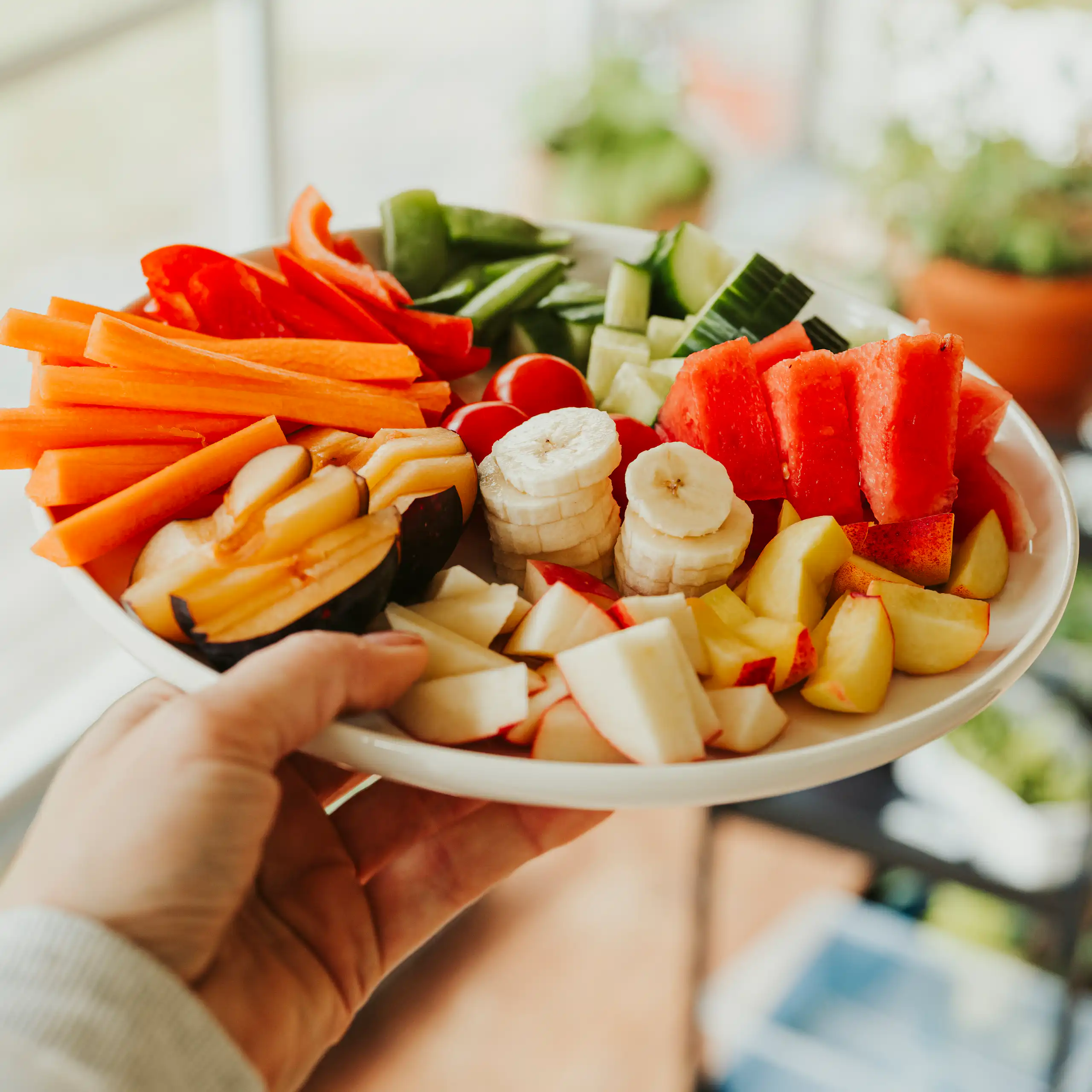 Hand holds a plate of chopped bananas, carrot, watermelon and other fruit and veg.