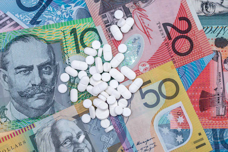 White pills spread out on colourful Australian bank notes