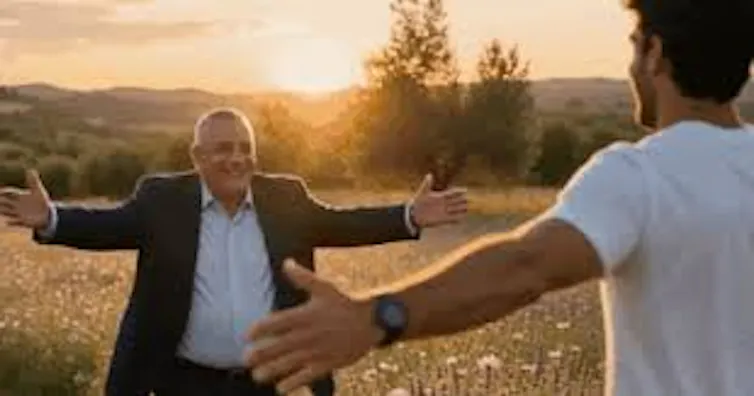 A middle-aged man runs toward a younger man in a field of wildflowers