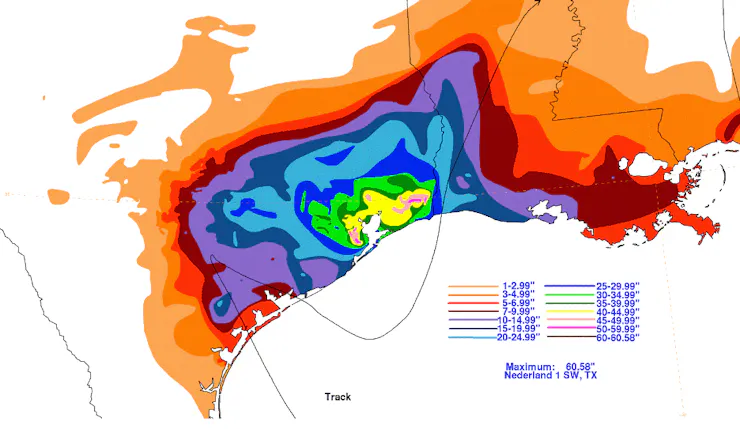 A map of rainfall totals over several days shows areas around Houston receiving extremely high amounts of rain.