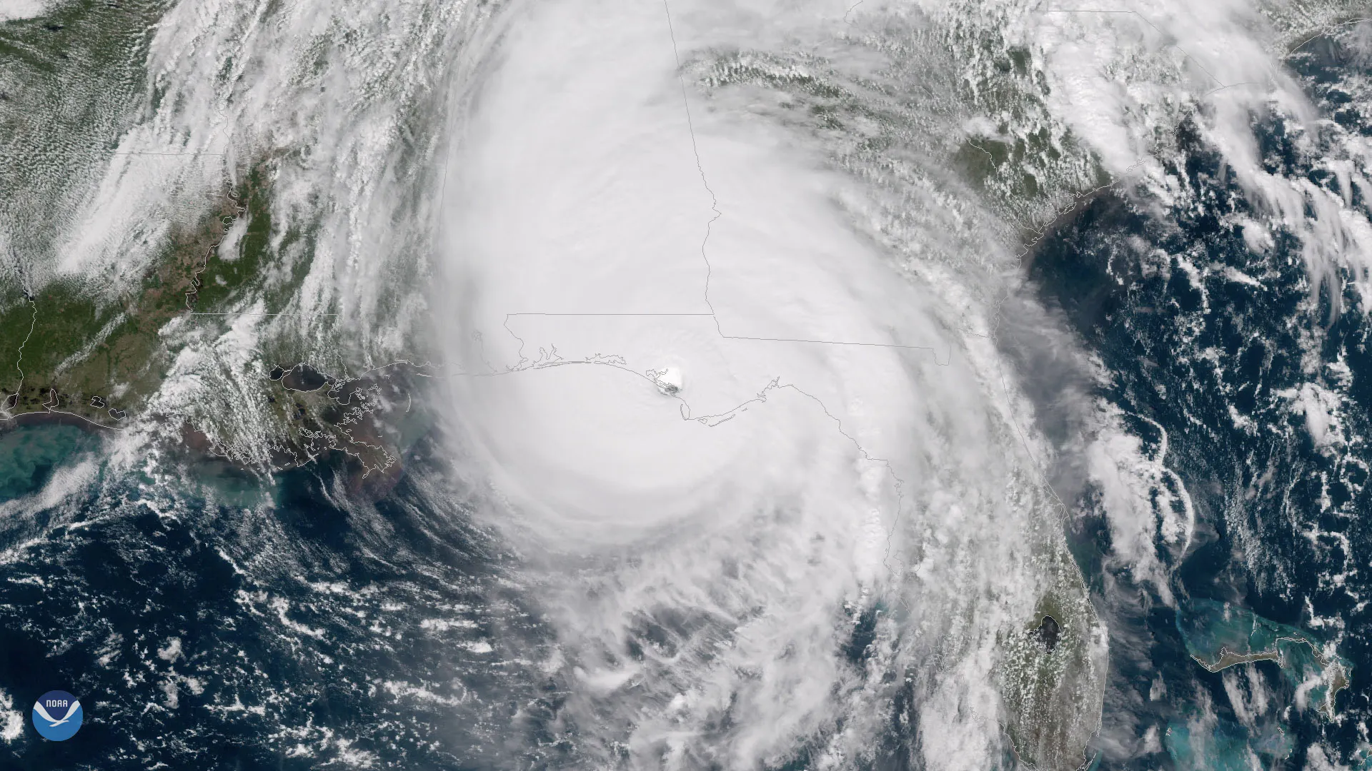 A satellite image showing the eye of the hurricane on the Florida coast.