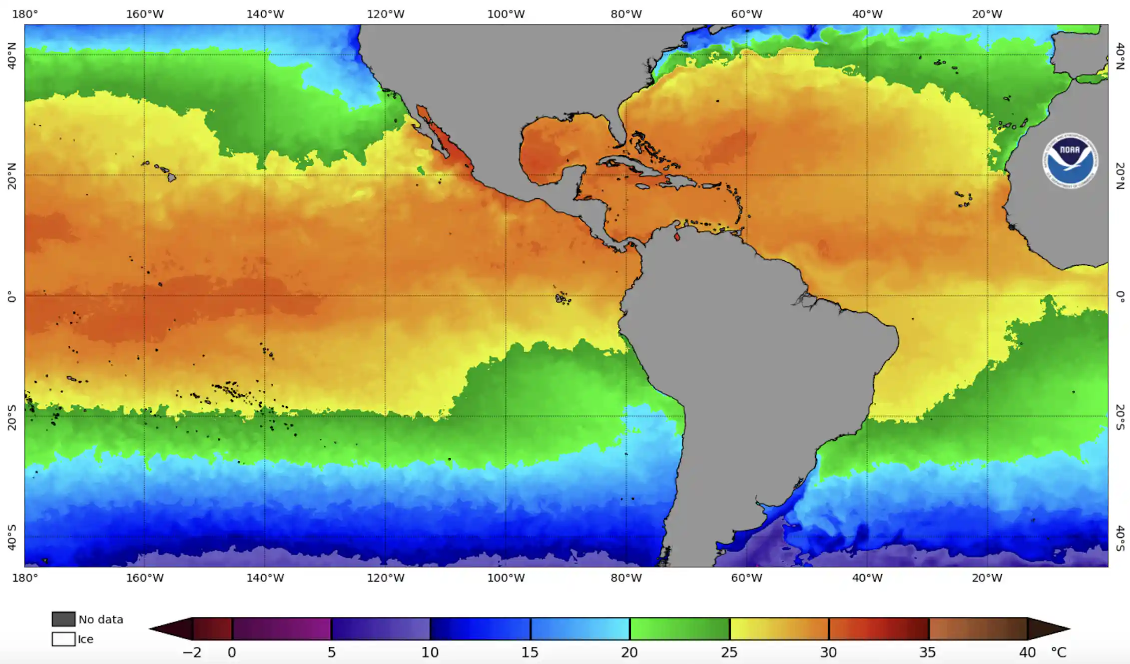 A map shows water temperatures very warm in the Gulf.