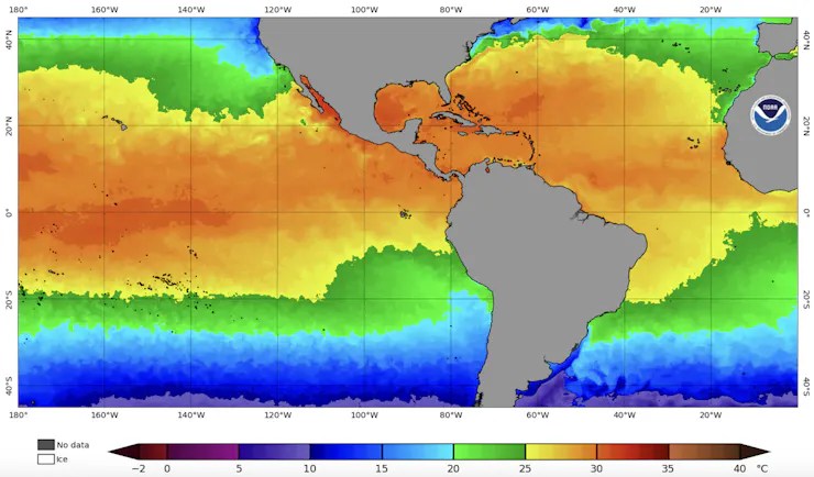 A map shows water temperatures very warm in the Gulf.