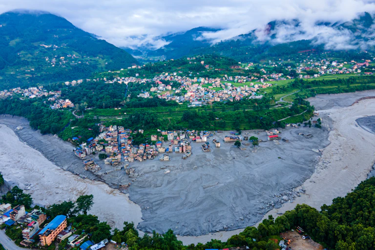Aerial view of flood damage in Nepal